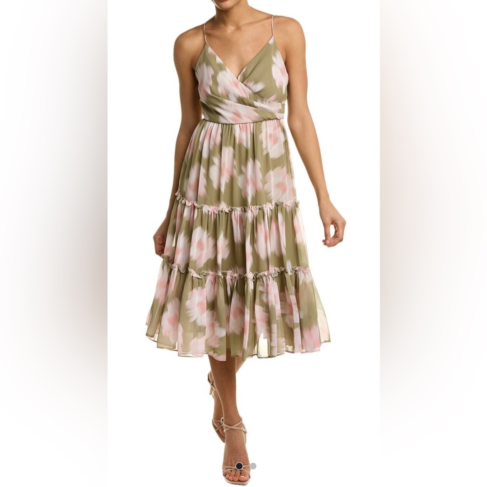 Sachin & Babi Dalia Floral-Print Tiered Dress Green Chiffon Pink White Size 10